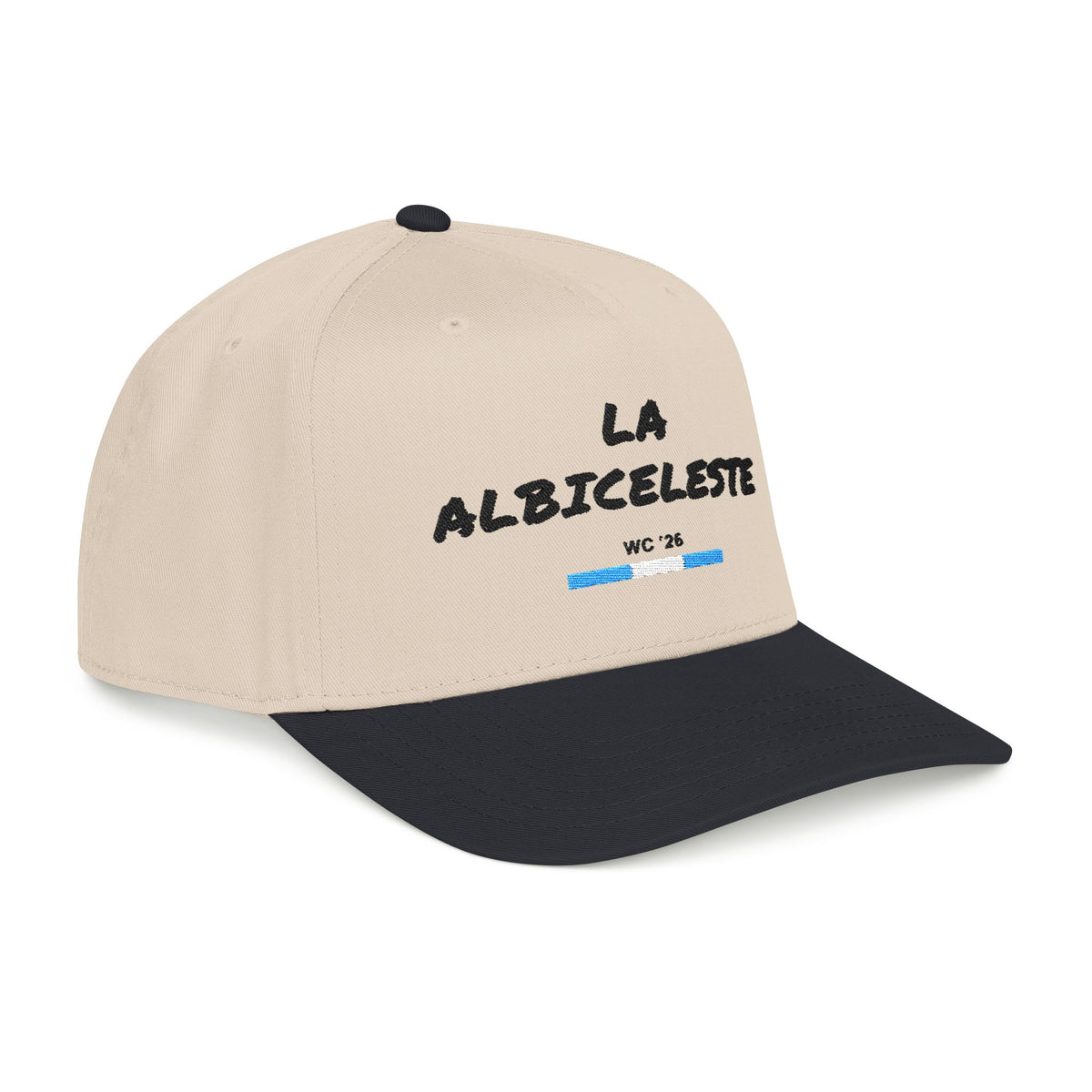La Albiceleste Country Hat, angled side view with the Argentina flag stripe and WC '26 embroidery