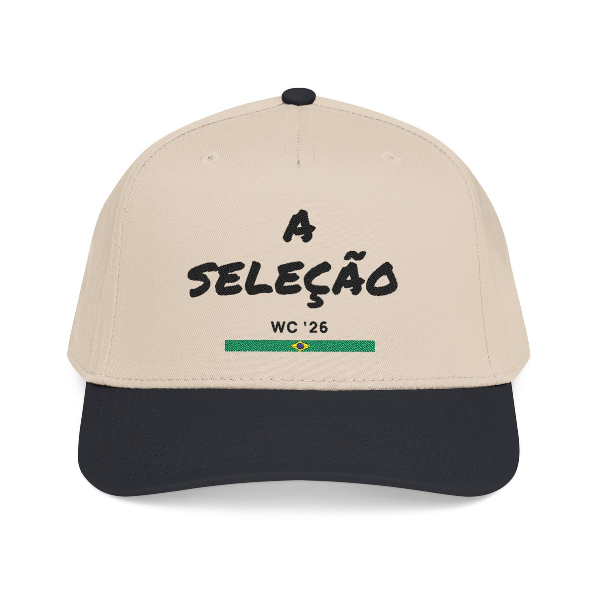 A Seleção WC '26 Country Hat, front view: A SELEÇÃO embroidered on a natural crown with a black brim