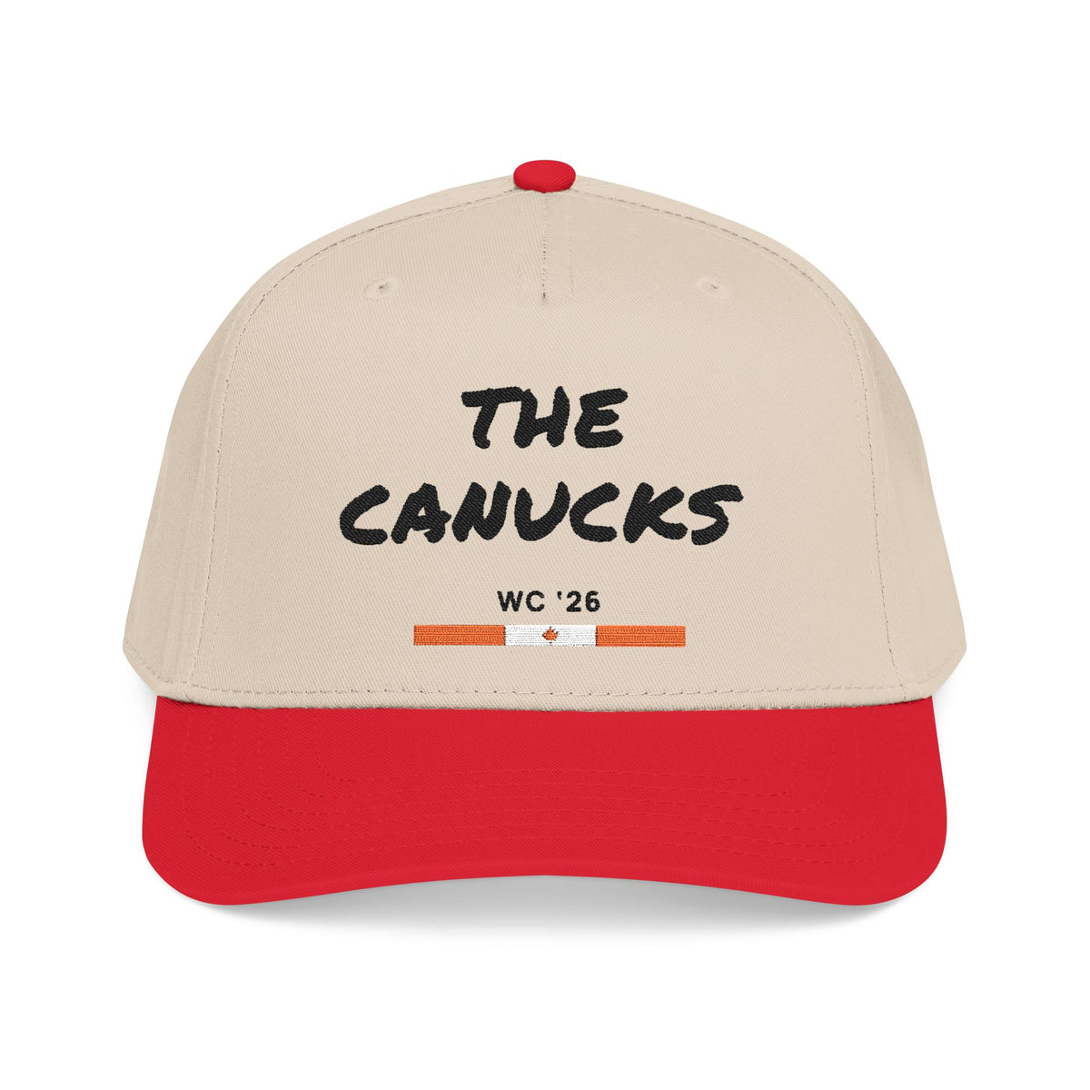The Canucks WC '26 Country Hat, front view: THE CANUCKS embroidered on a natural crown with a red brim