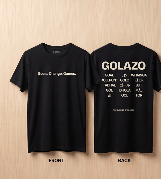 Alumni GOLAZO soccer lifestyle tee in black, front and back