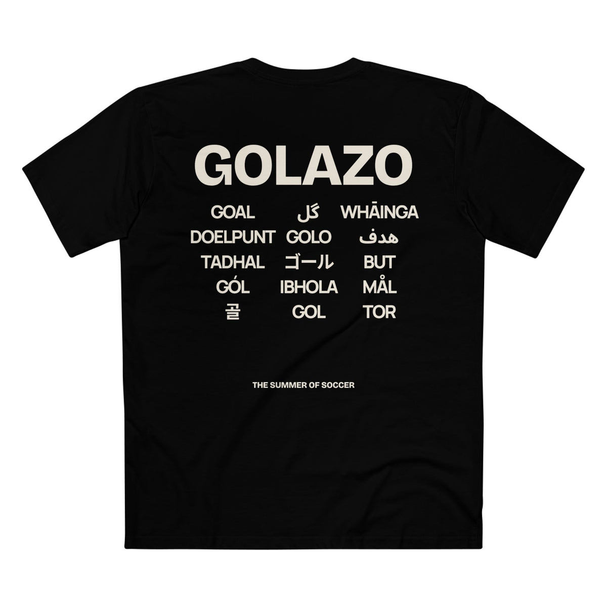 Alumni GOLAZO Tee in black, back view: GOLAZO above the word for "goal" in many languages