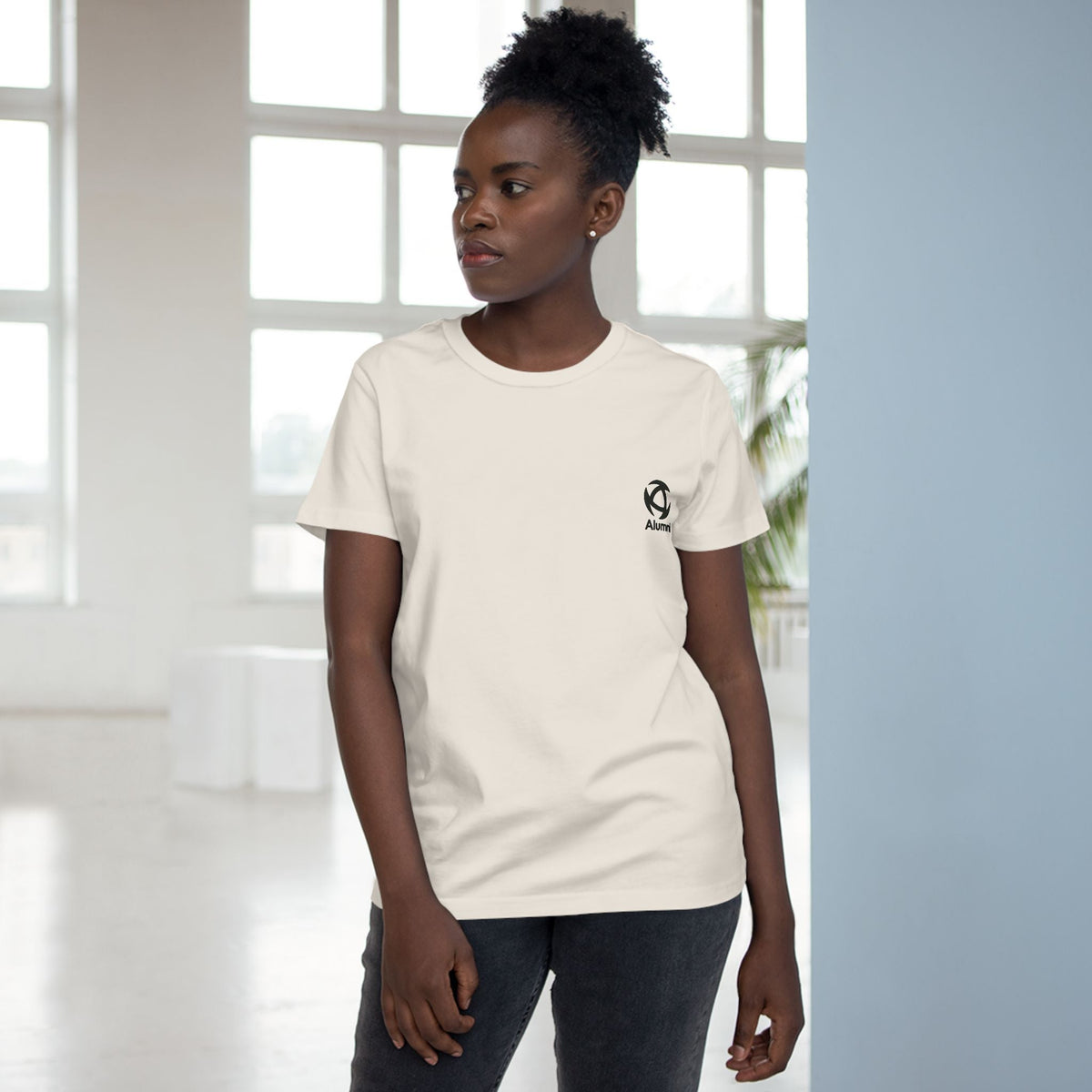 Alumni Supporters Club logo tee, women's, in Premium White worn by a model